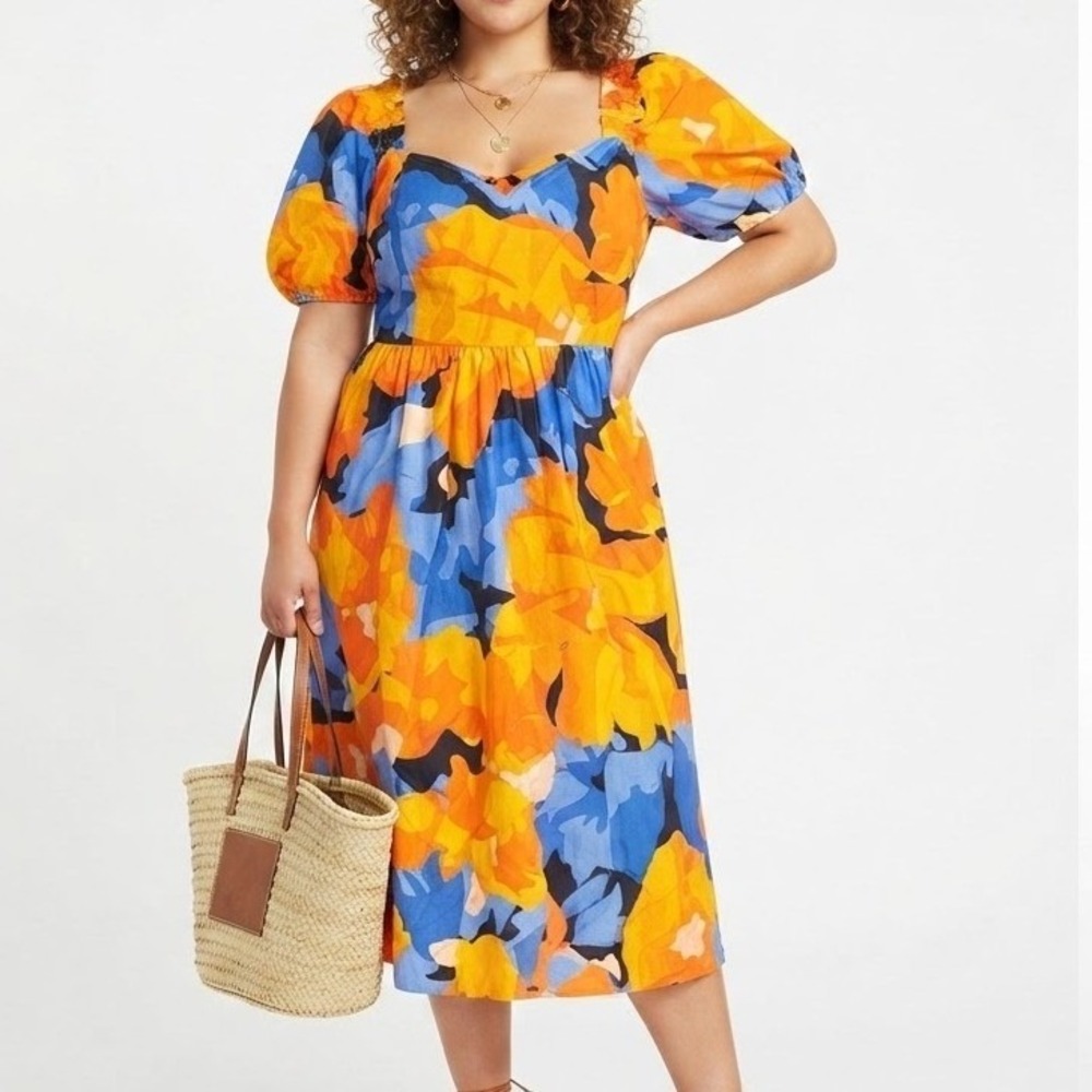 Tabitha Brown Resortwear Orange Blue Floral Back Cut Out Midi Dress NEW